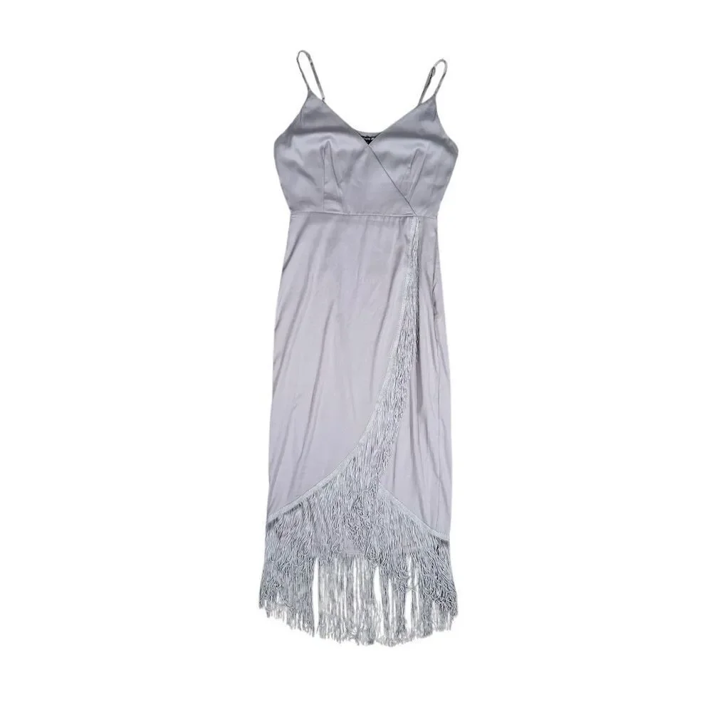 NWT Gianni Bini Fringe Wrap Midi Prima Dress Pebble Purple Flapper Nightlife S